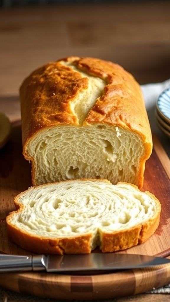 Easy Gluten-Free Bread Recipe A golden brown gluten-free bread loaf sliced on a wooden board with a knife.
